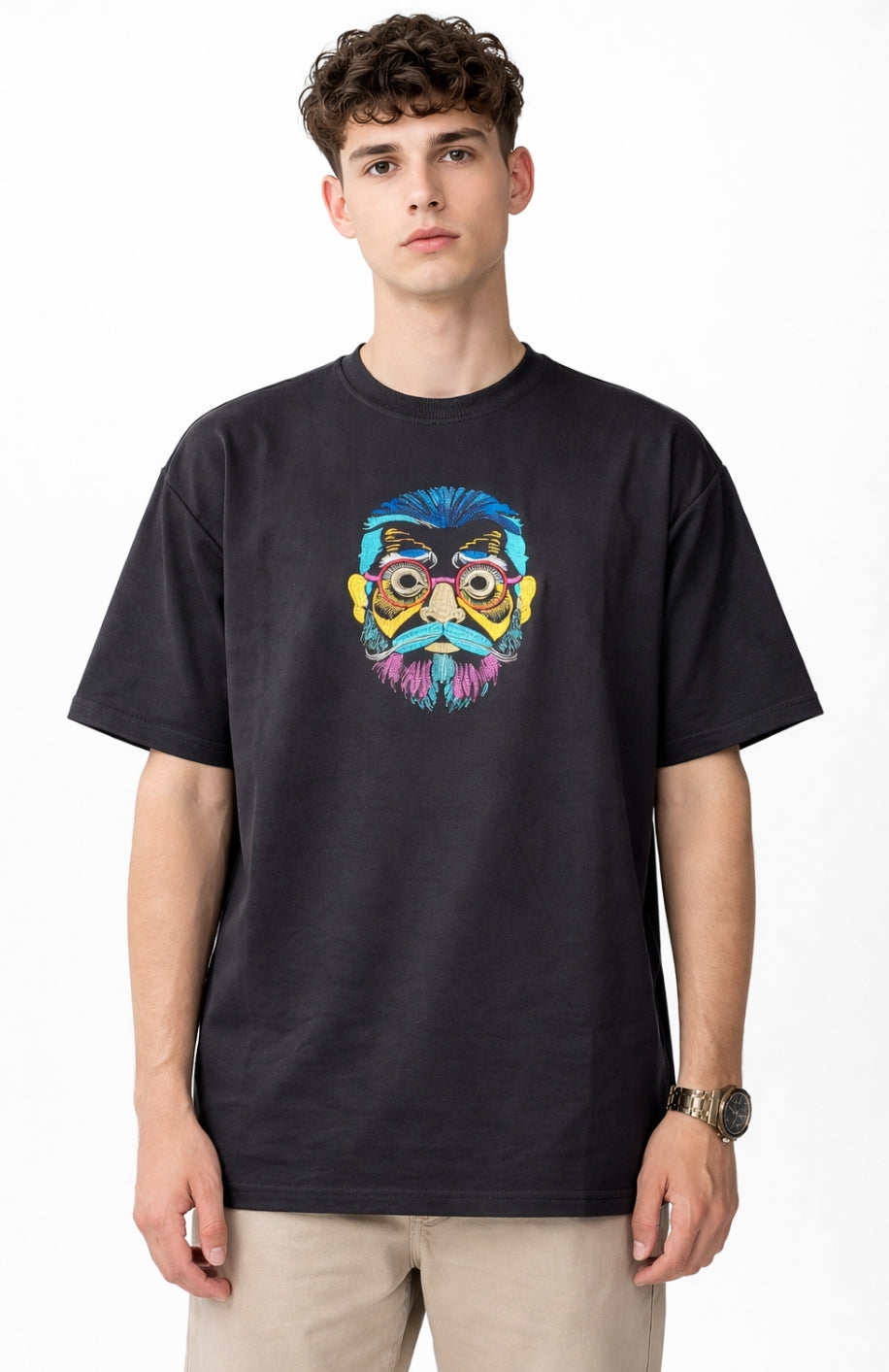 Tribal Mask Embroidered Oversized T-Shirt – Black