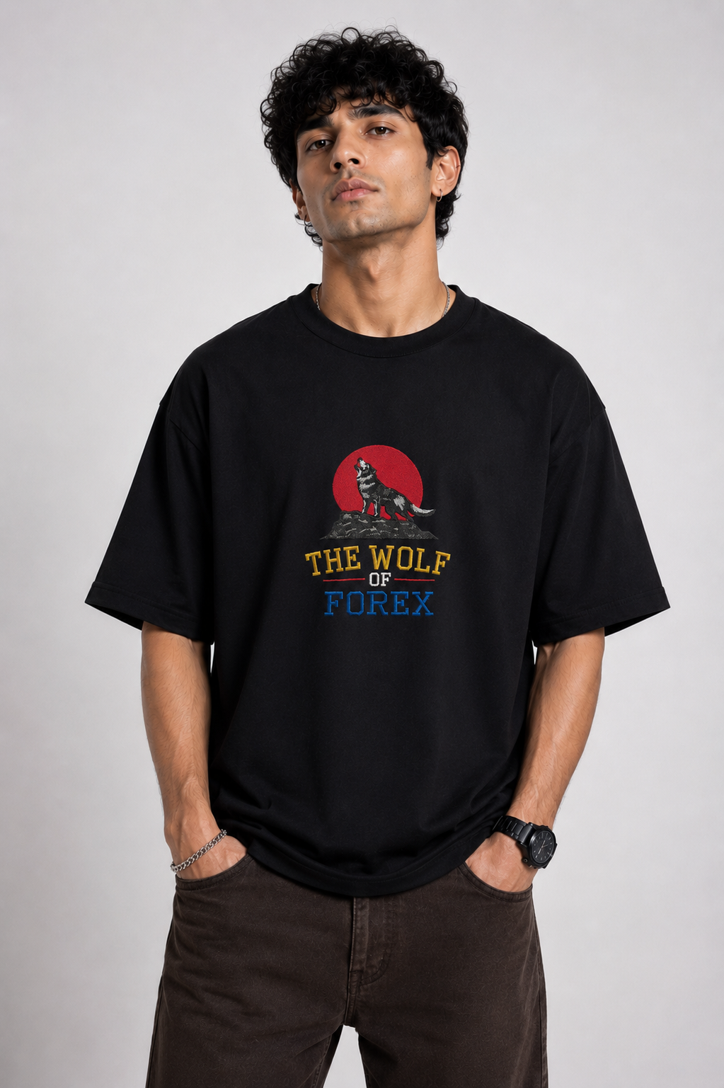 Wolf of Forex Embroidered Oversized T-Shirt – Black