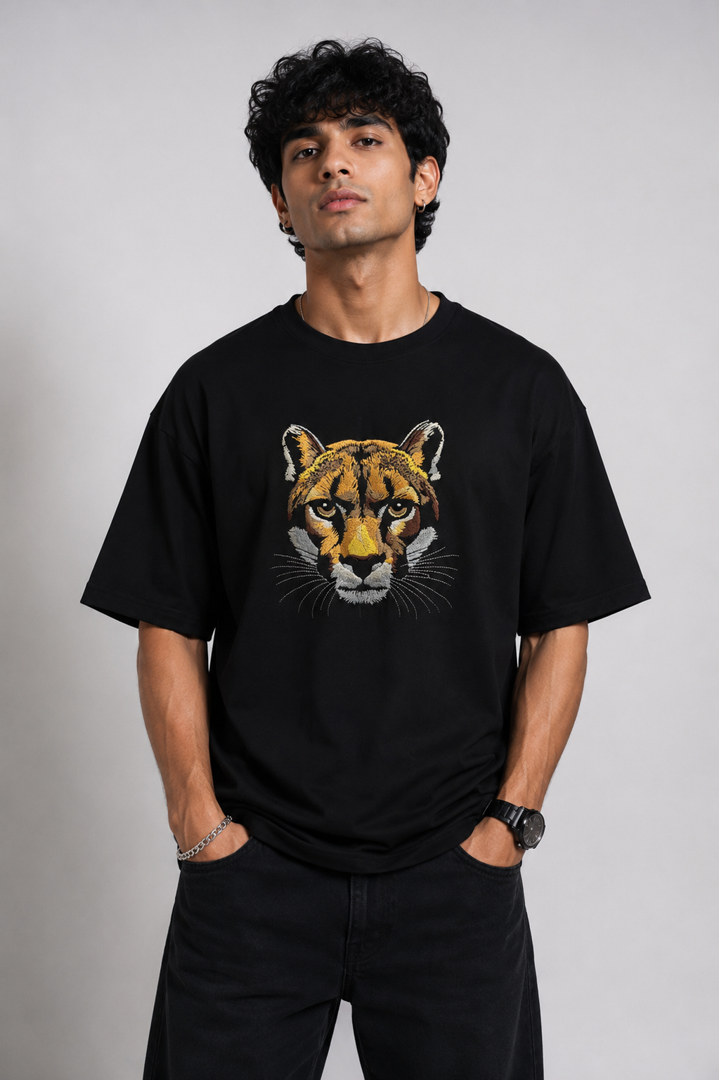 Wild Tiger Embroidered Oversized T-Shirt – Black