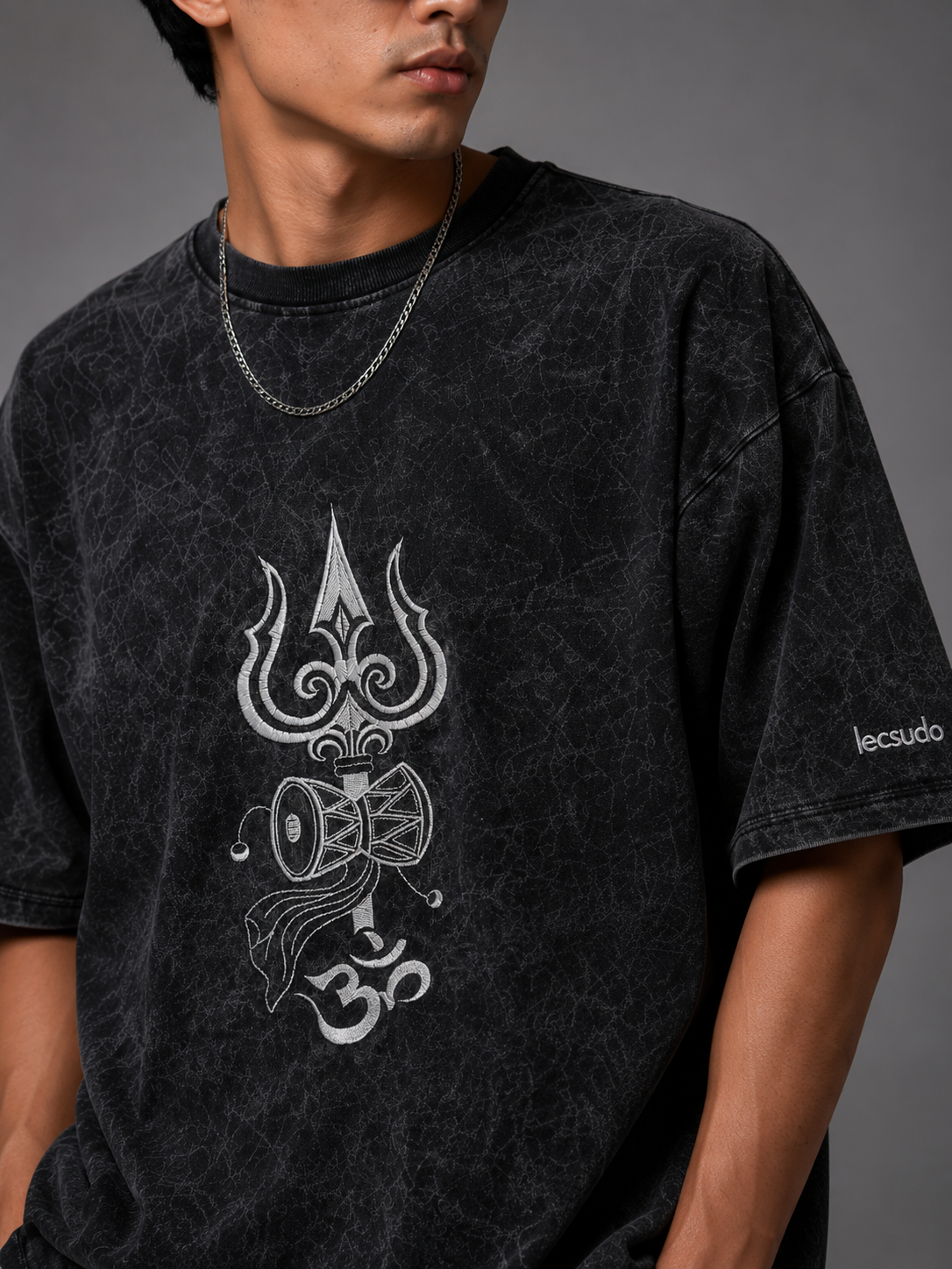 Trishul Embroidered Oversized Acid Wash T-Shirt