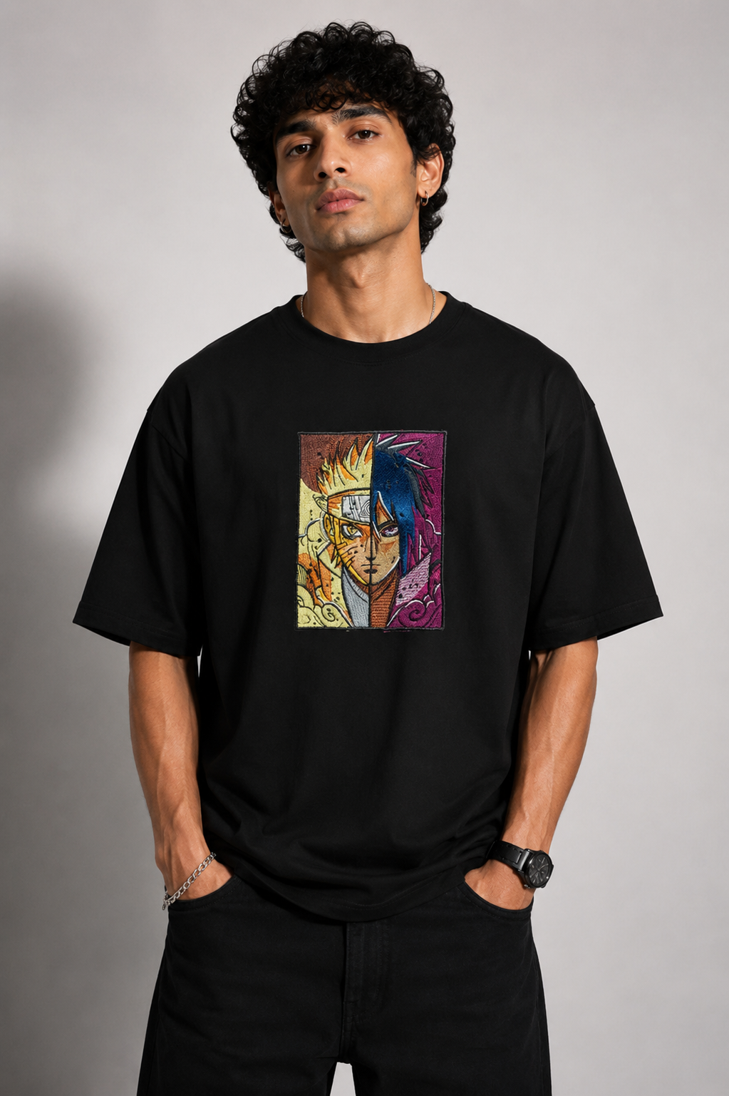 Naruto vs Sasuke Oversized Black T-Shirt