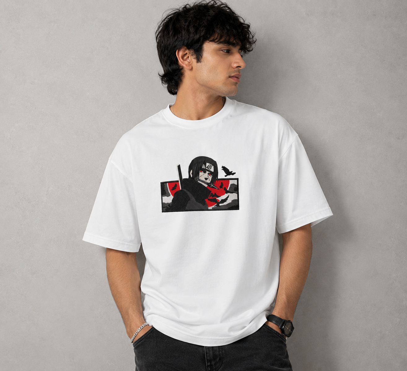Itachi Embroidered Oversized T-Shirt – White