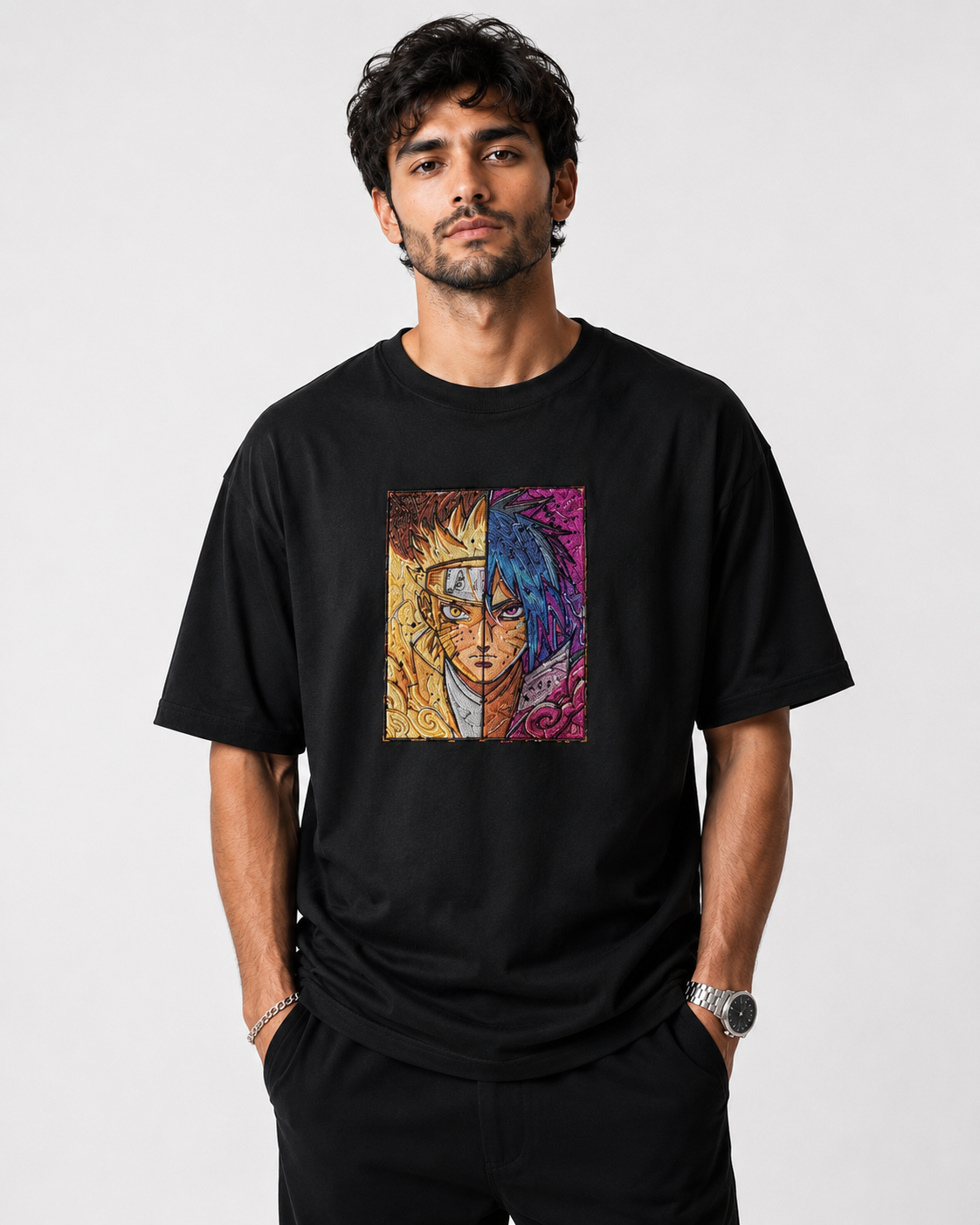 Naruto vs Sasuke Oversized Black T-Shirt