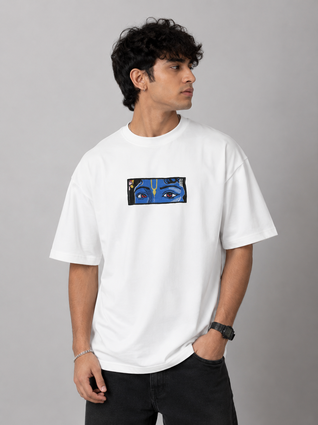 Divine Gaze Embroidered Oversized T-Shirt – White