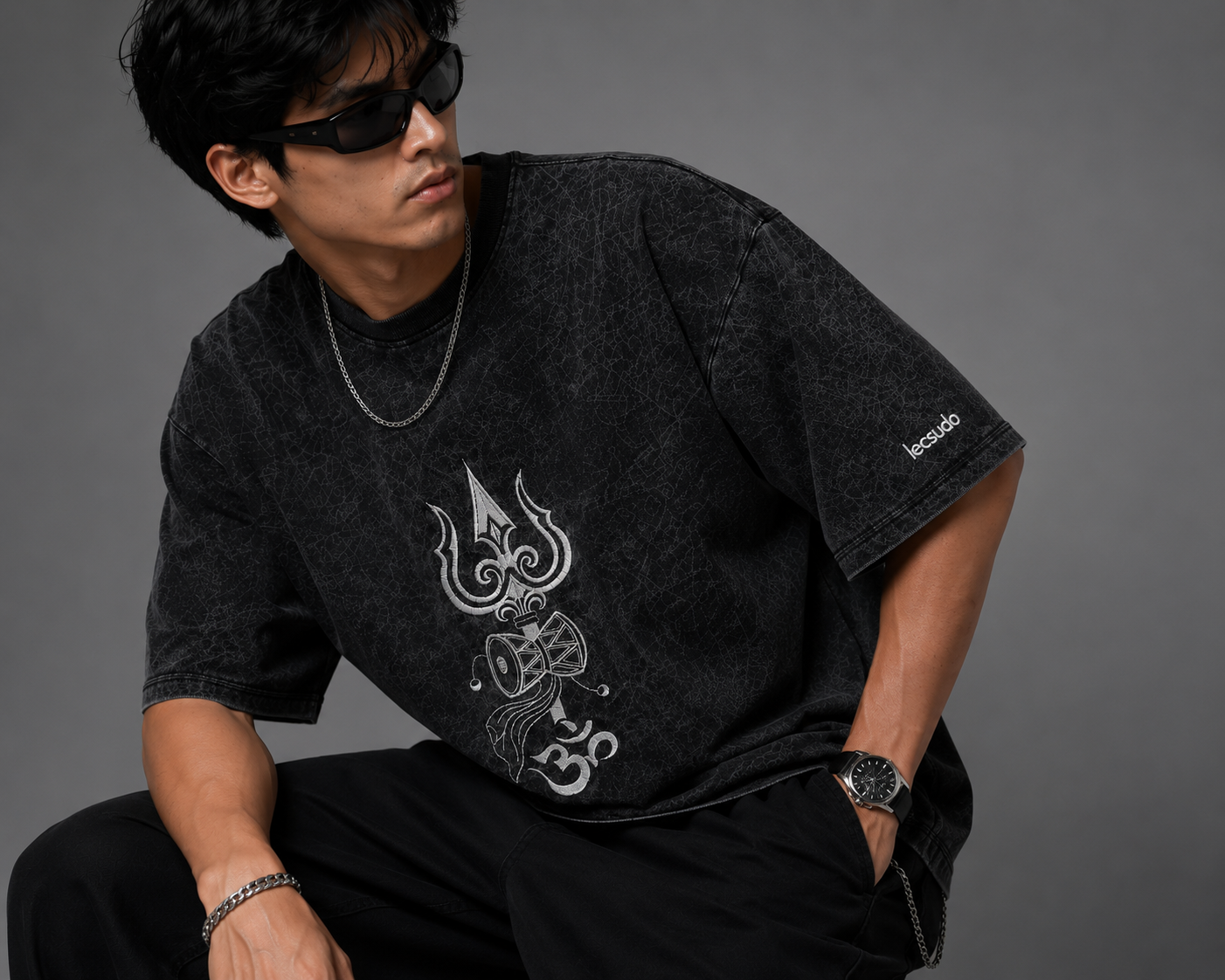 Trishul Embroidered Oversized Acid Wash T-Shirt