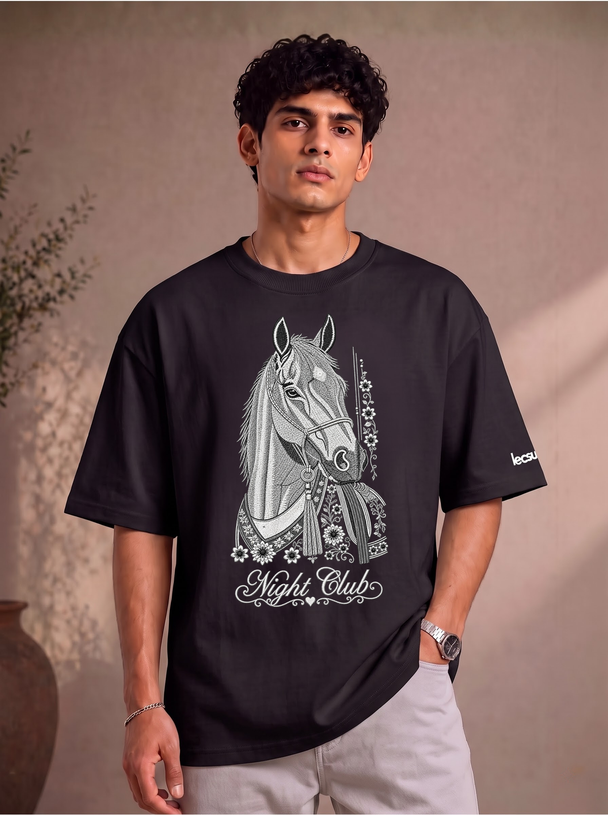 Night Club Premium Embroidery Horse Design T-Shirt