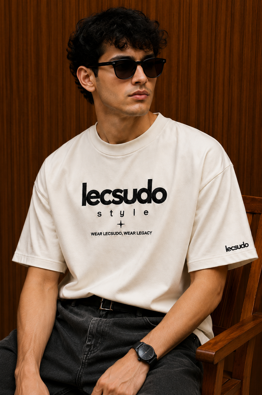 LECSUDO Signature Logo Embroidered Oversized T-Shirt – Off White