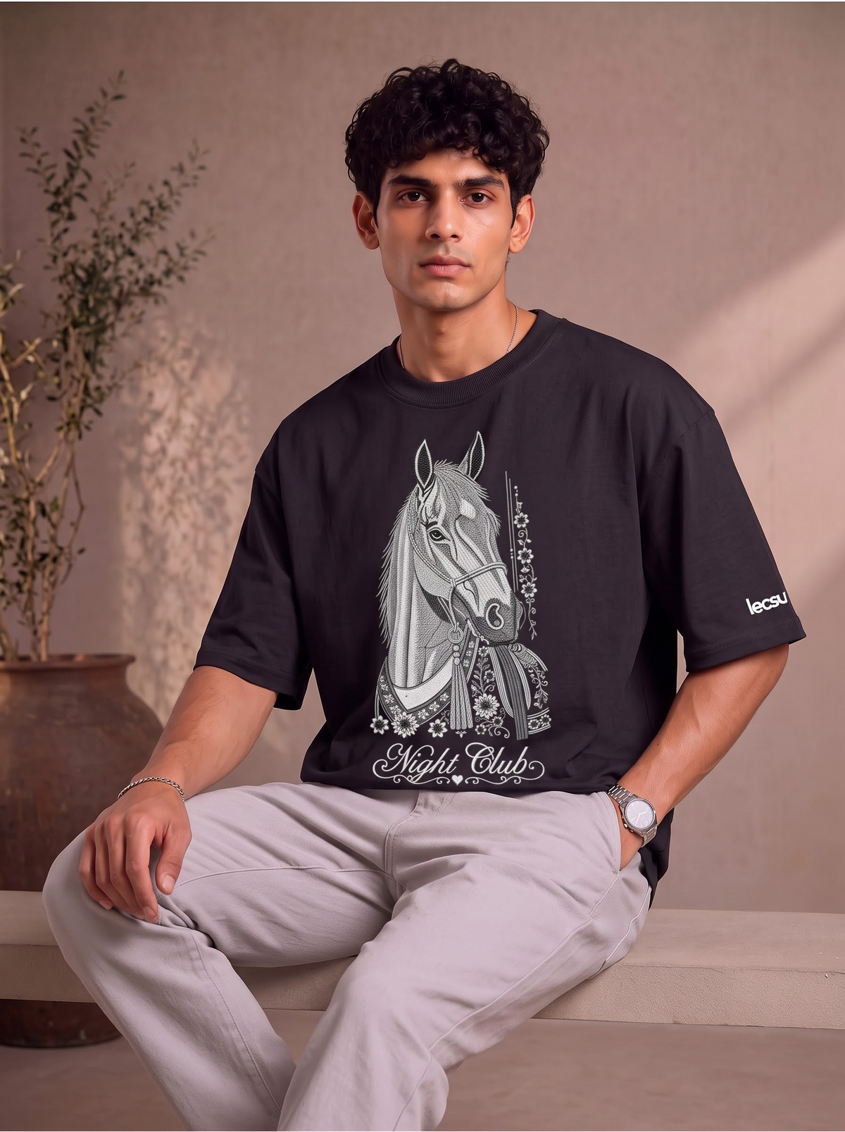Night Club Premium Embroidery Horse Design T-Shirt