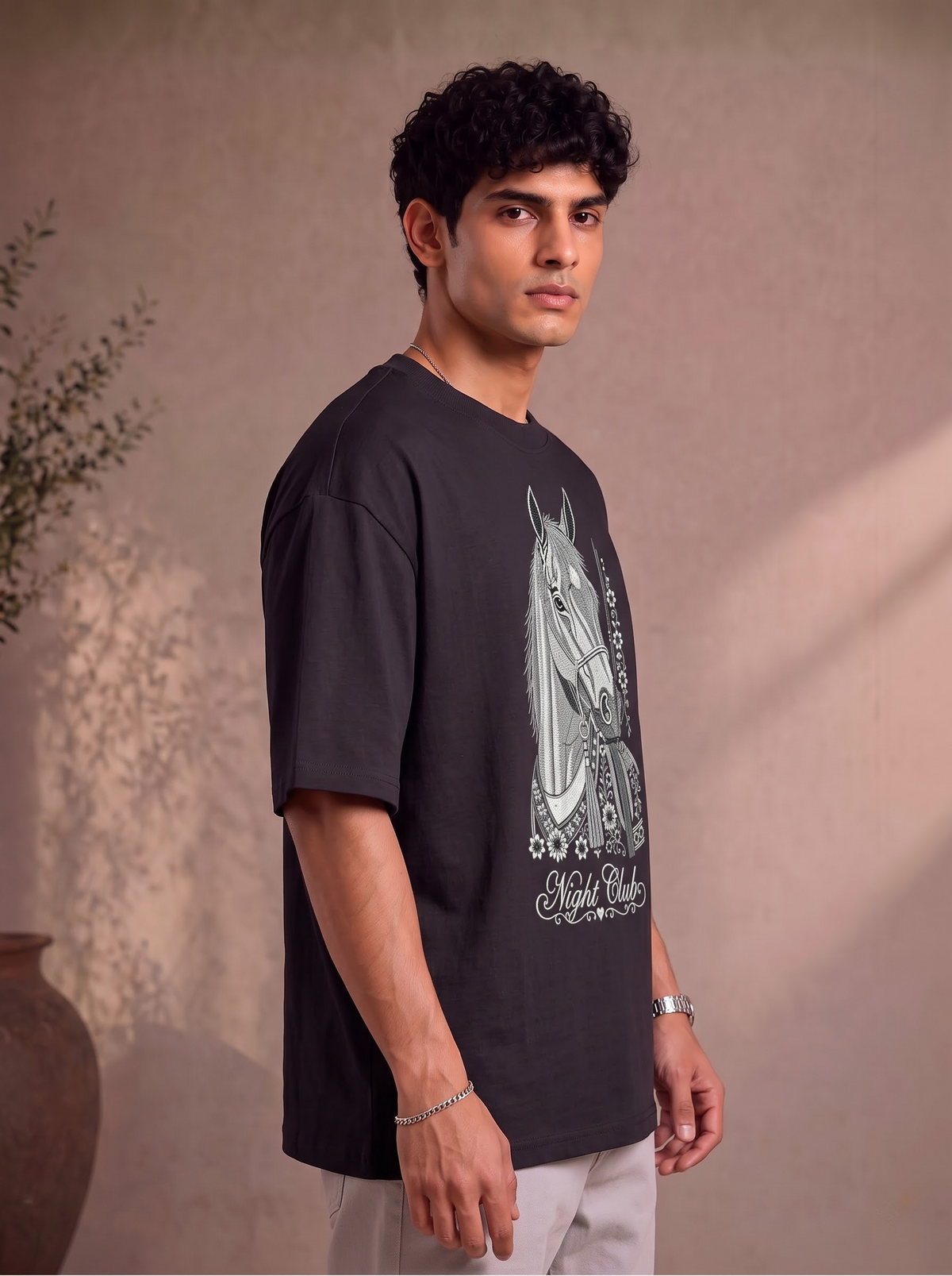 Night Club Premium Embroidery Horse Design T-Shirt