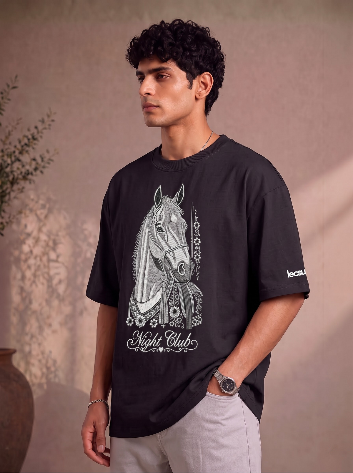 Night Club Premium Embroidery Horse Design T-Shirt