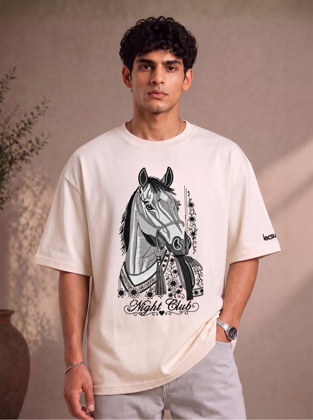 Night Club Premium Embroidery Horse Design T-Shirt