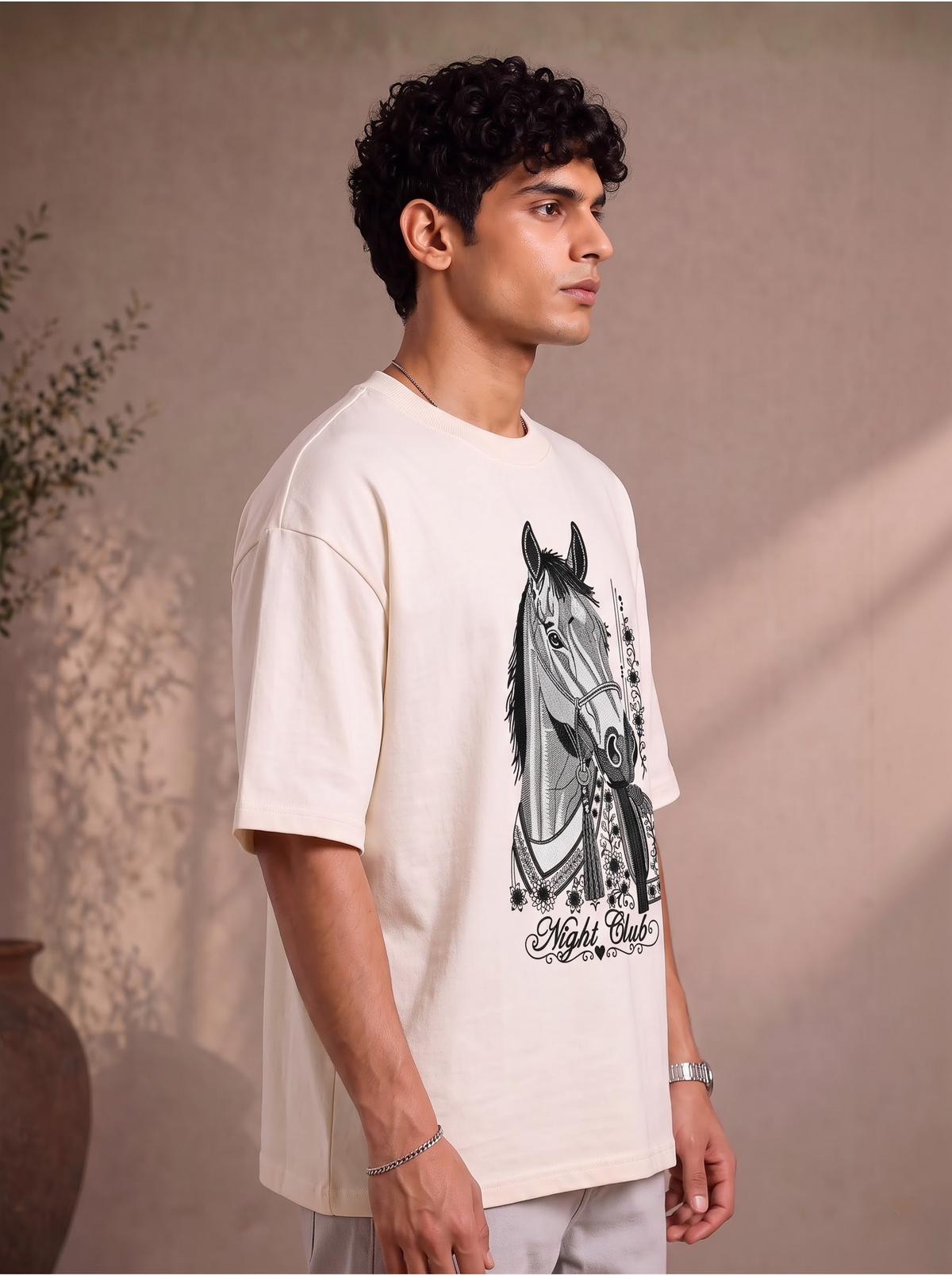 Night Club Premium Embroidery Horse Design T-Shirt