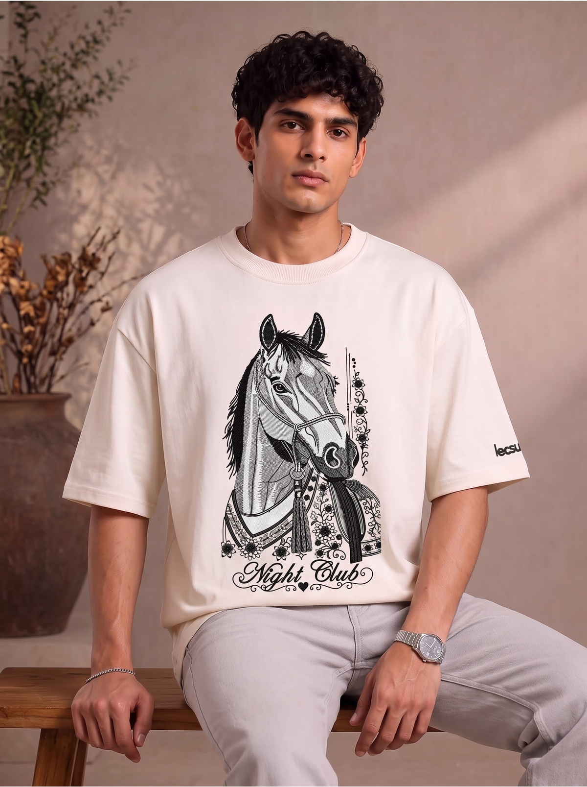 Night Club Premium Embroidery Horse Design T-Shirt