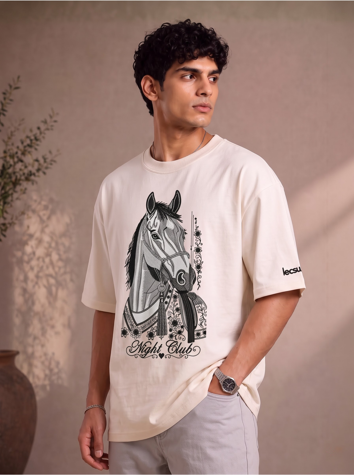 Night Club Premium Embroidery Horse Design T-Shirt