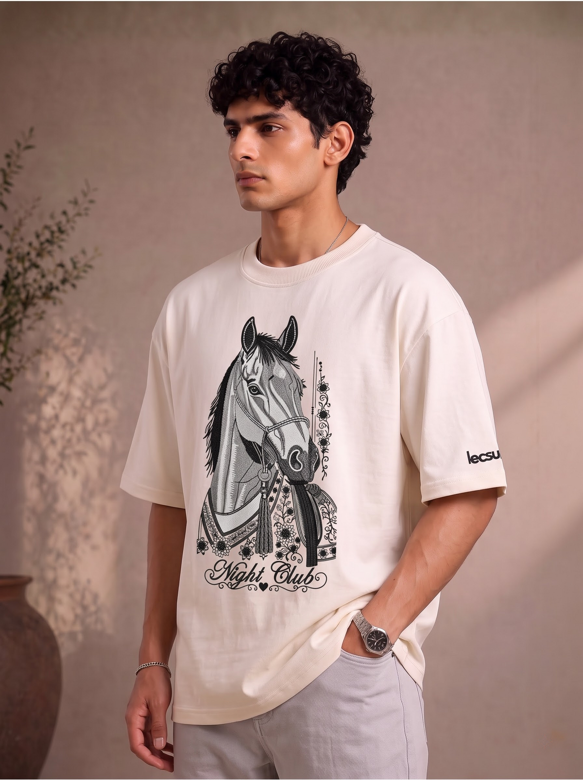 Night Club Premium Embroidery Horse Design T-Shirt