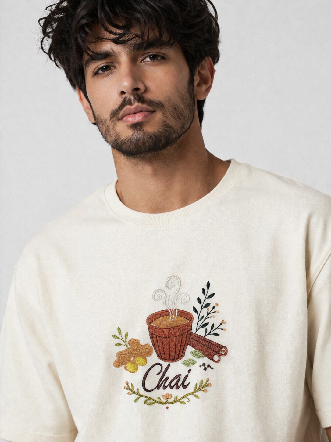 Chai Embroidered Oversized Premium Terry T-Shirt – White