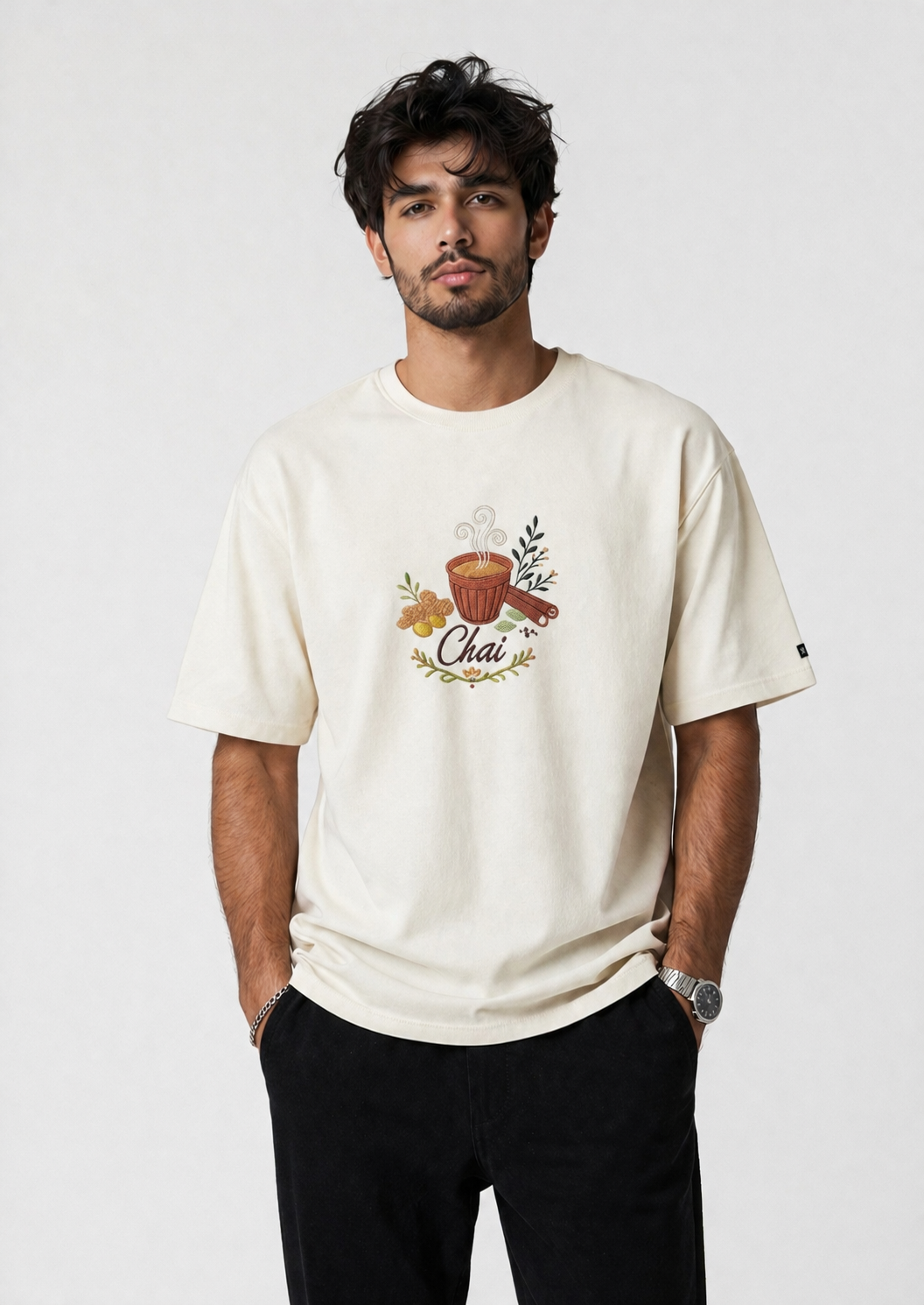 Chai Embroidered Oversized Premium Terry T-Shirt – White